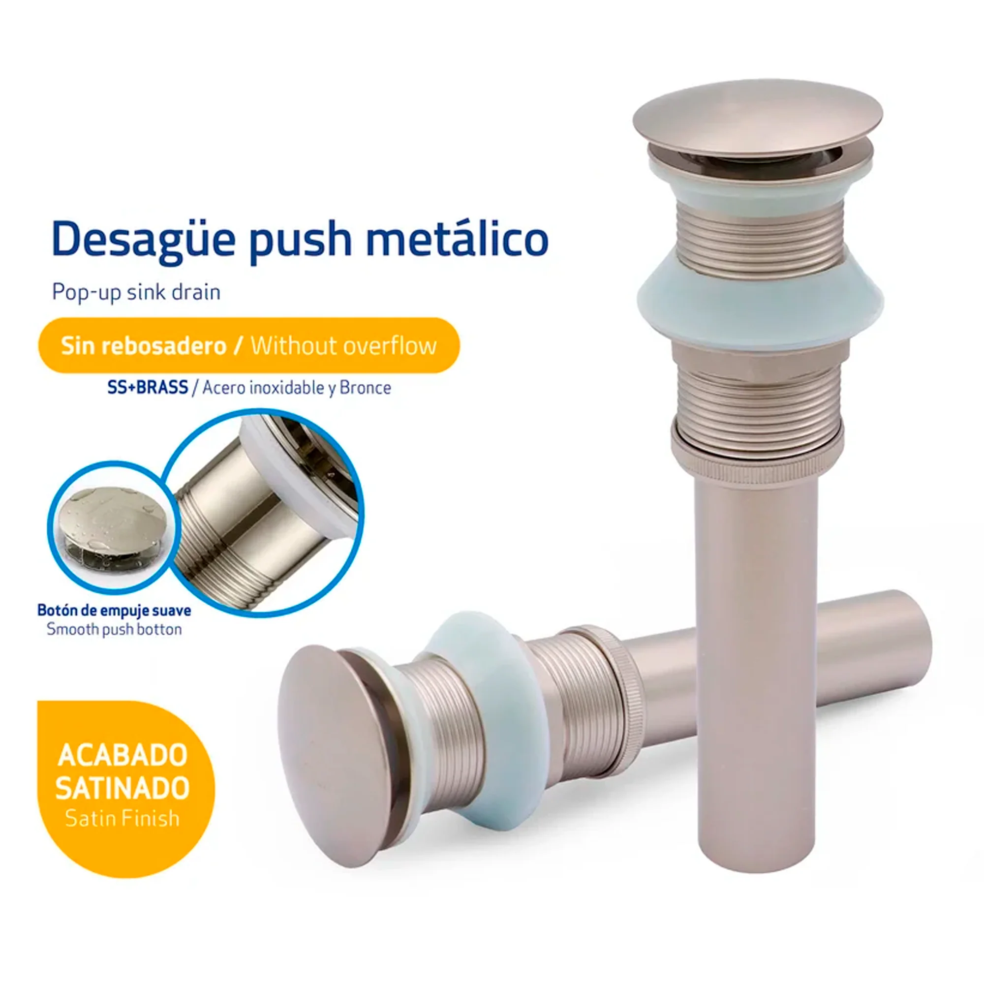 Desague de Push para Lavamanos sin Rebose Plateado Satinado - Image 3