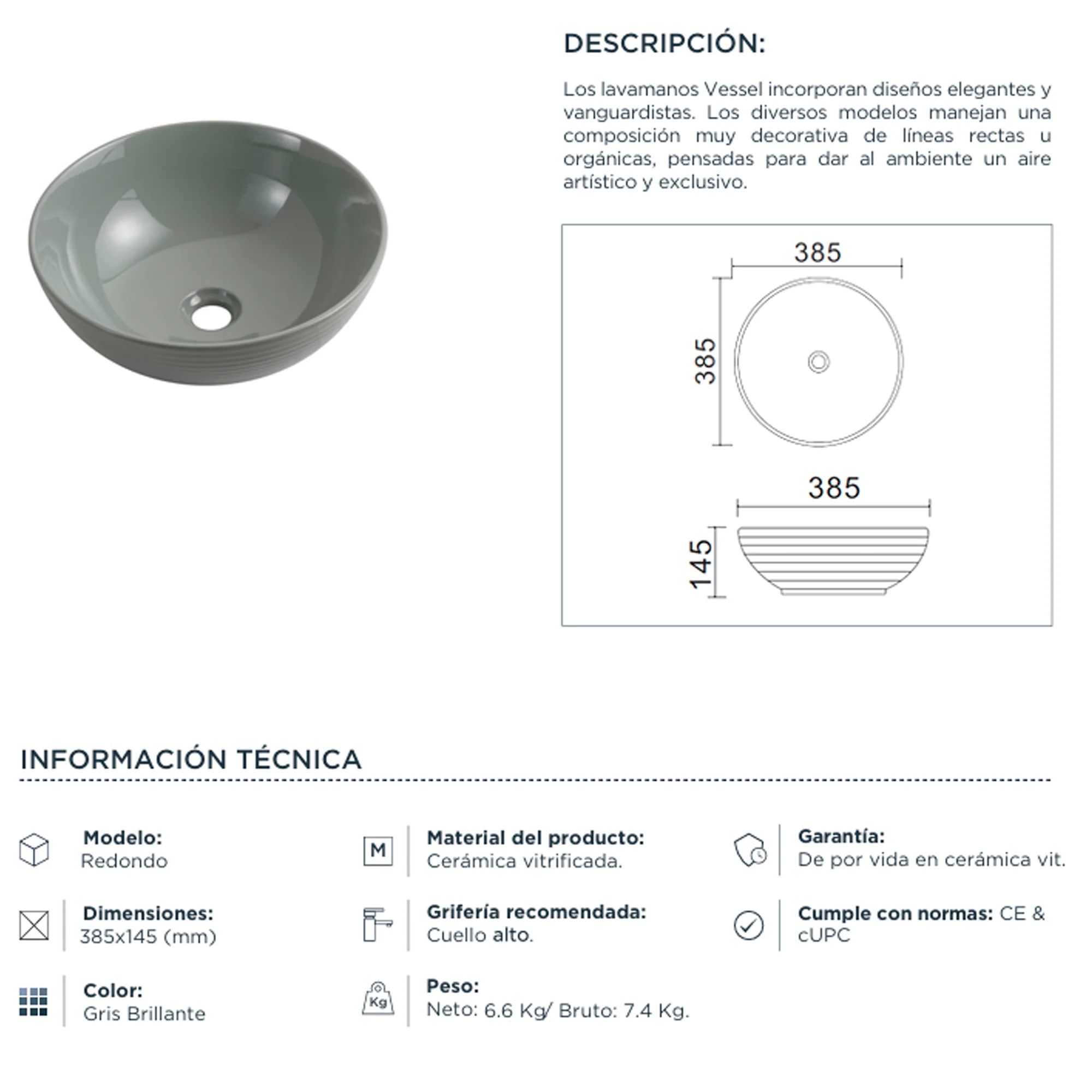 Lavamanos de Sobreponer Redondo Vessel Gris Brillante - Image 3