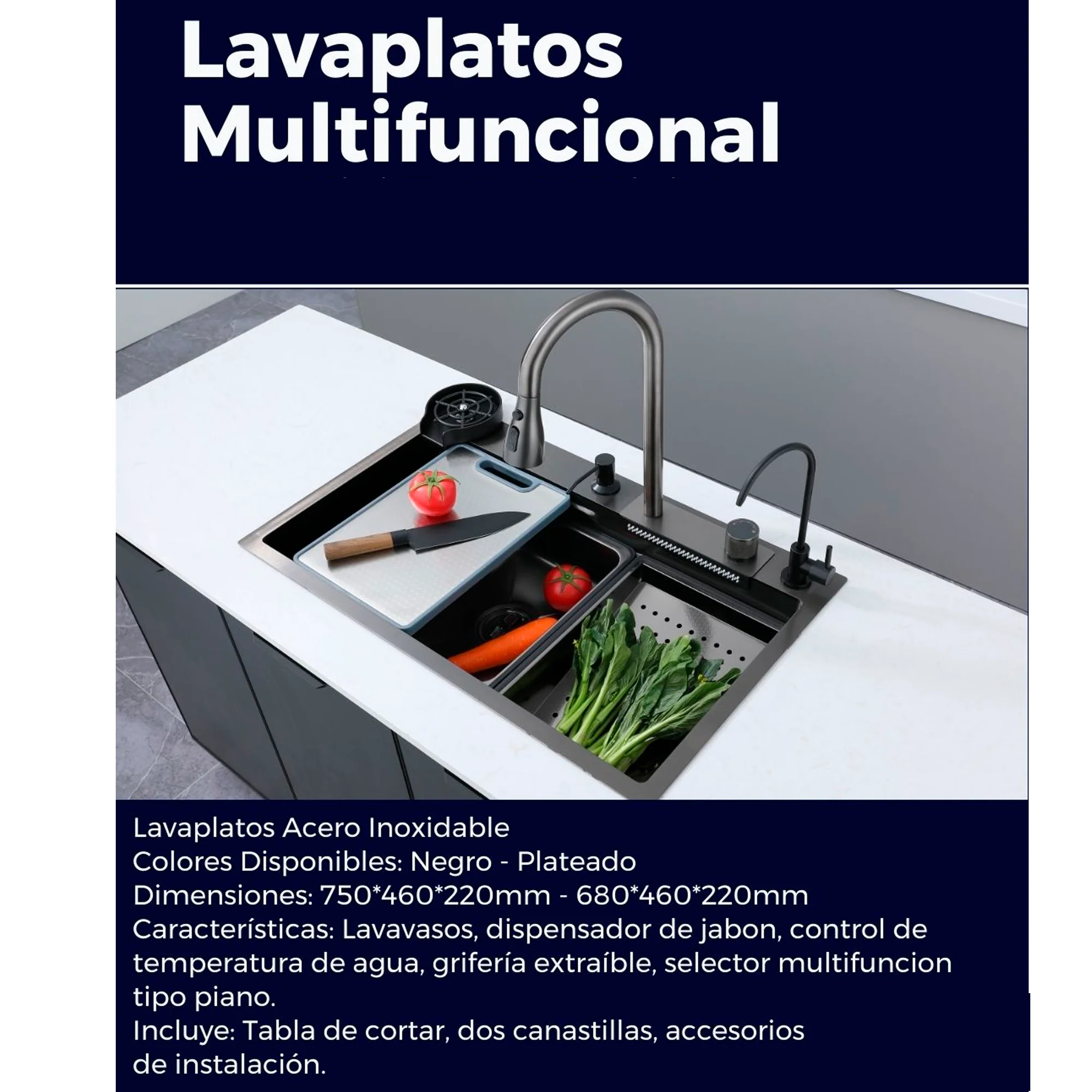 Lavaplatos en Acero Multifuncional 68*46*22cm Plateado+Accesorios - Image 4