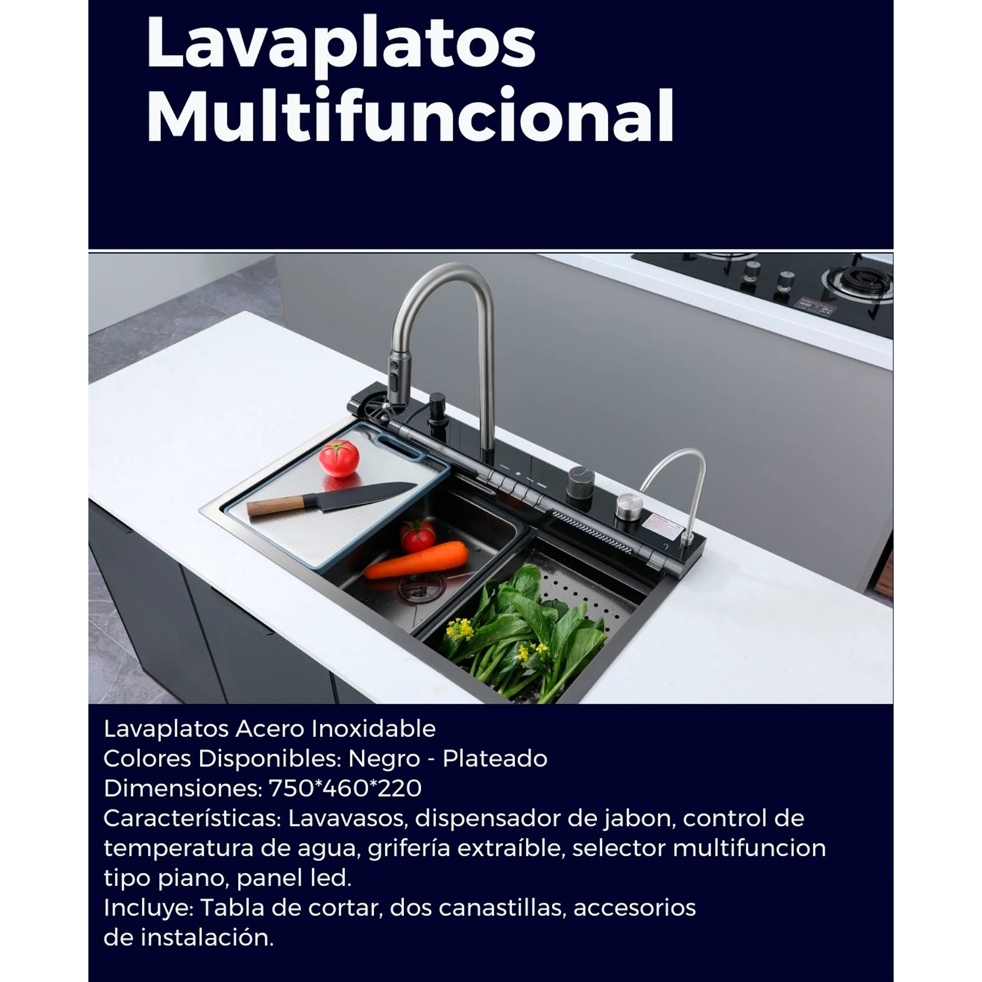 Lavaplatos en Acero Multifuncional 75*46*22cm Negro+Acces. - Image 2