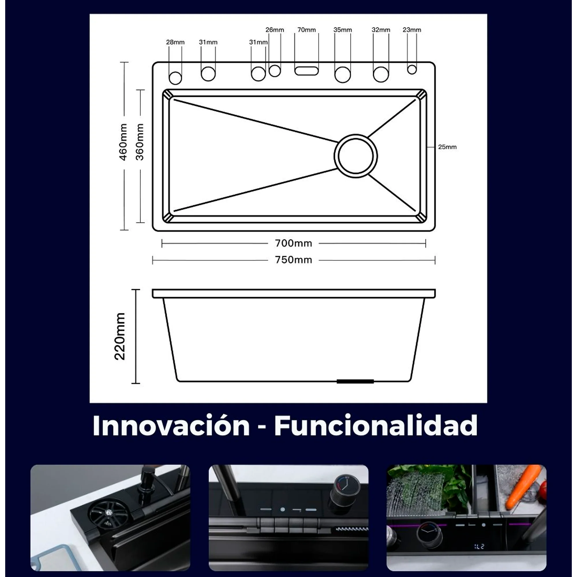 Lavaplatos en Acero Multifuncional 75*46*22cm Negro+Acces. - Image 3