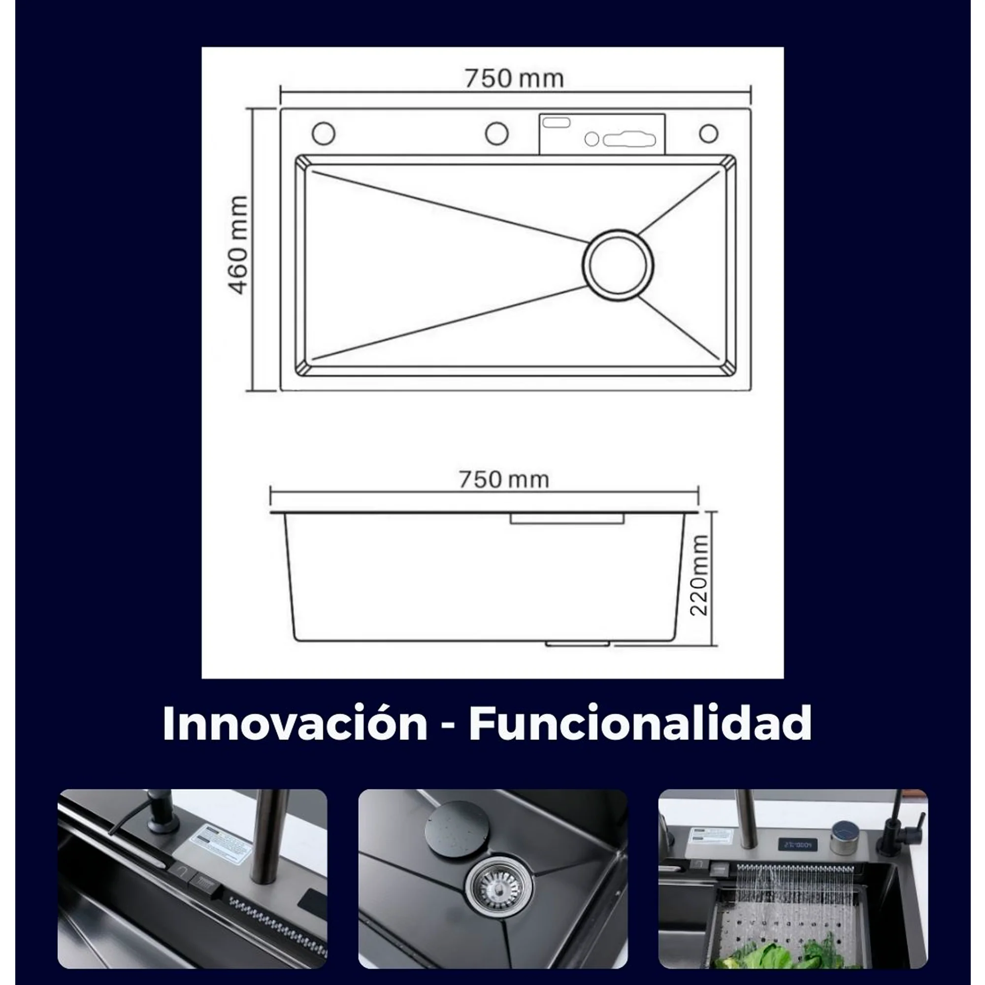 Lavaplatos en Acero Multifuncional 75*46*22cm Negro con Accesorios - Image 2