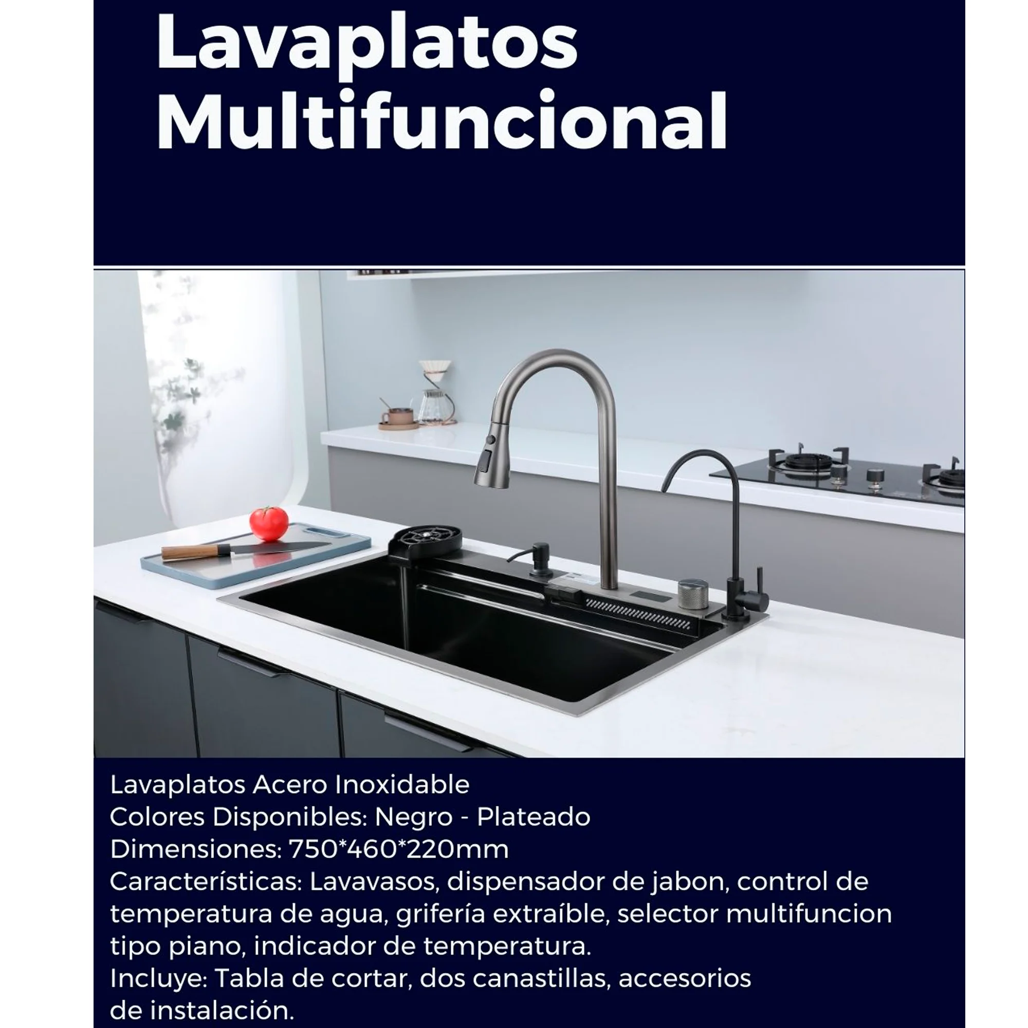 Lavaplatos en Acero Multifuncional 75*46*22cm Negro con Accesorios - Image 4
