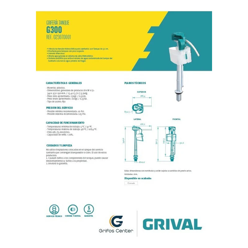 Válvula De Llenado Hidroestática Para Sanitario G300 Grival - Image 2