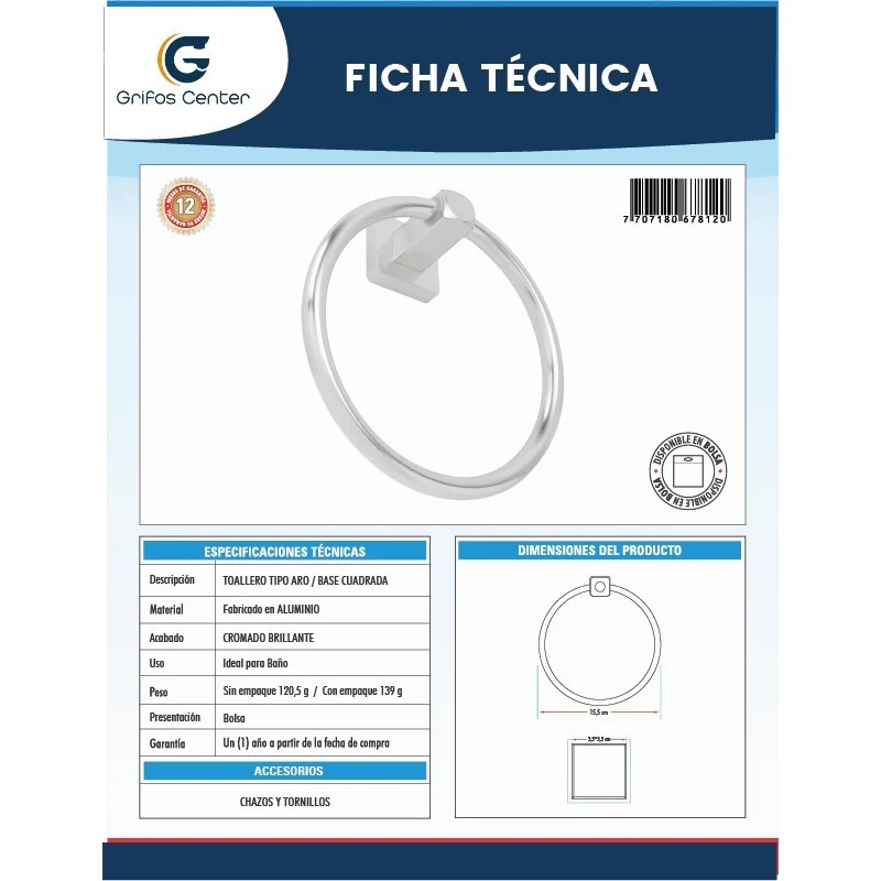 Toallero Tipo Aro Base Cuadrada En Aluminio - Image 2