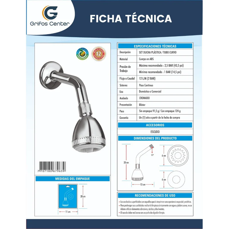 Set Ducha Plastica Tubo Curvo De 6cm - Image 2
