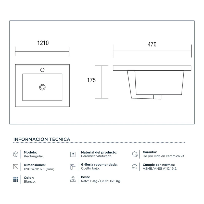 Lavamanos Rectangular Integrado Porcelana Blanco 1210*47cm - Image 3