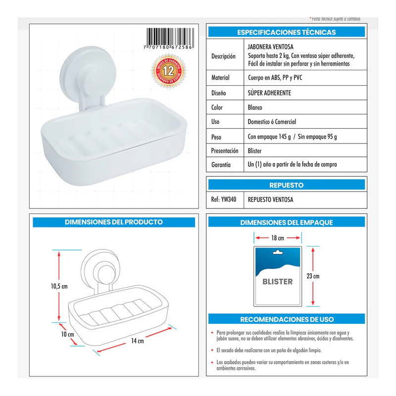 Jabonera Para Baño Con Ventosa Blanco - Image 3