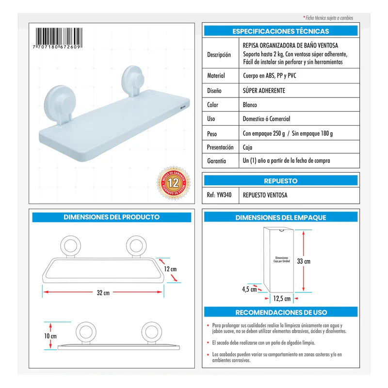 Repisa Organizadora Para Baño Con Ventosa Blanco - Image 3