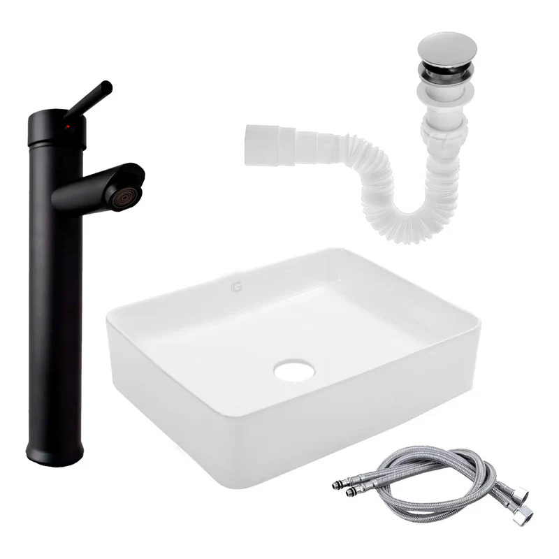 Kit Lavamanos Rectangular+grifo Monocontrol Negro Plana+push