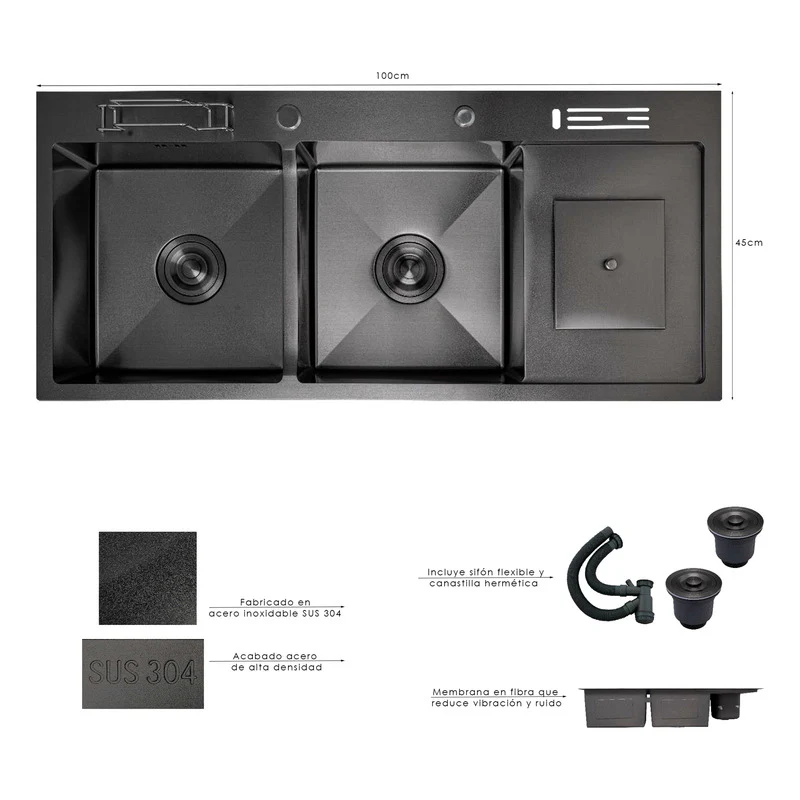 Lavaplatos Negro Doble Poceta 100x45cm +accesorios - Image 2