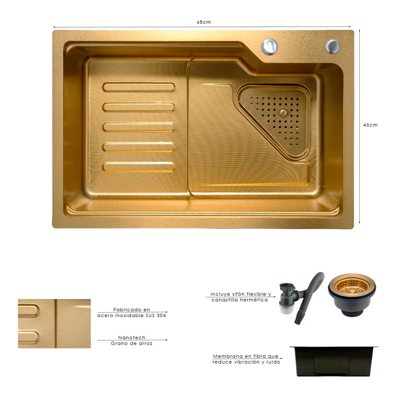 Lavaplatos Acero Dorado Sistema De Riel 68x45cm+accesorios - Image 3