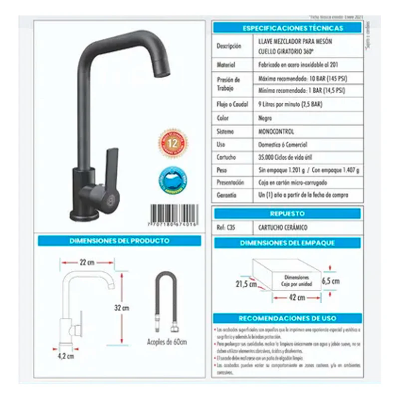 Combo Lavaplatos 60*45cm+griferia Lvp Negra Mate+ Accesorios - Image 2