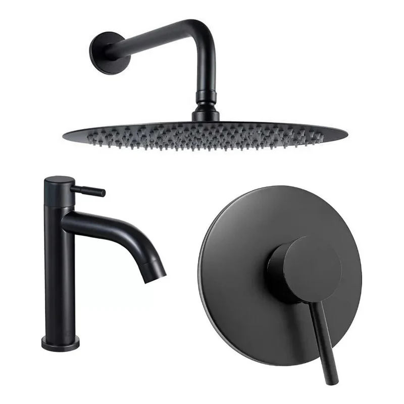 Kit Ducha 20cm +griferia Agua Fria+monocontrol Redondo Negro