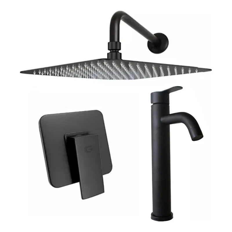Kit Ducha 15cm+grifería Agua Fría+monocontrol Cuadrado Negro