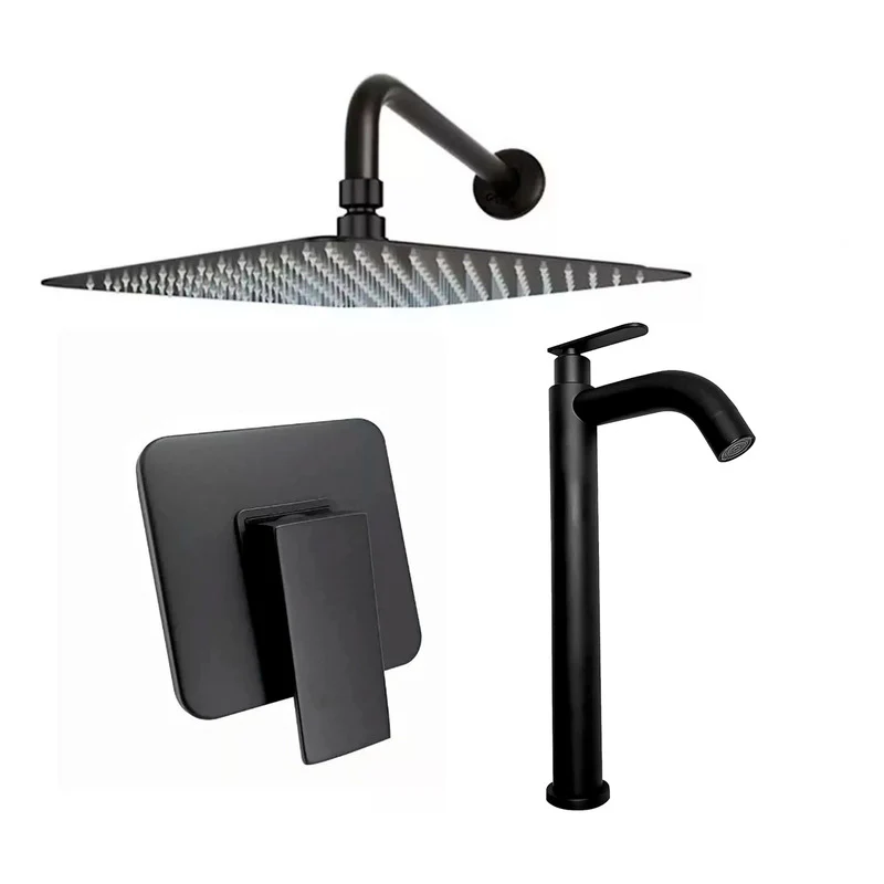 Kit Ducha 15cm+grifería Agua Fria+monocontrol Cuadrado Negro