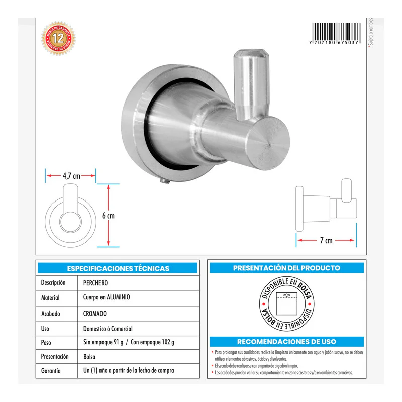 Perchero Para Baño En Aluminio Plateado - Image 2