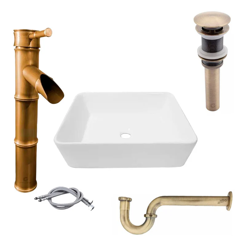 Kit Lavamanos Rectang.+griferia Monoc+push+sifon Bronce Ant.
