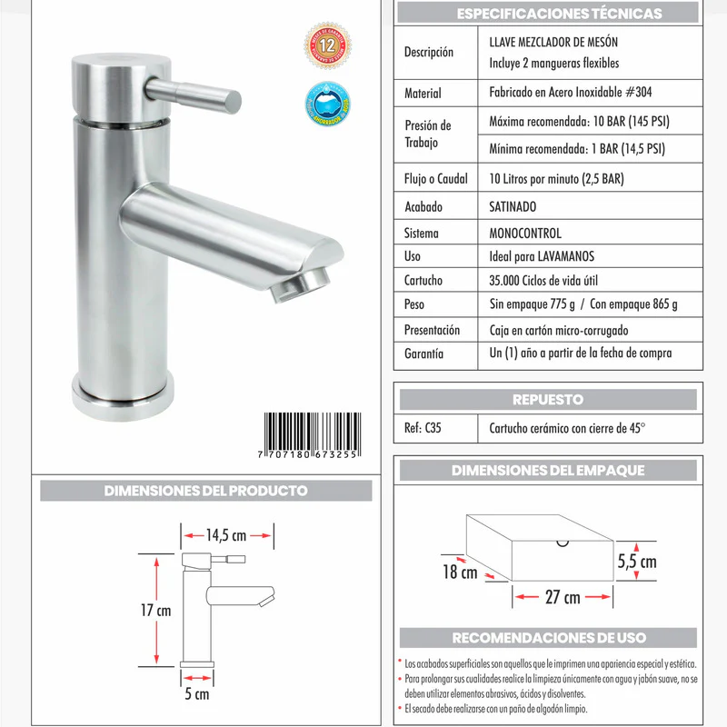 Kit Placa Doble Lavam.121*46.5cm+griferia Monoc+push Flex17 - Image 2