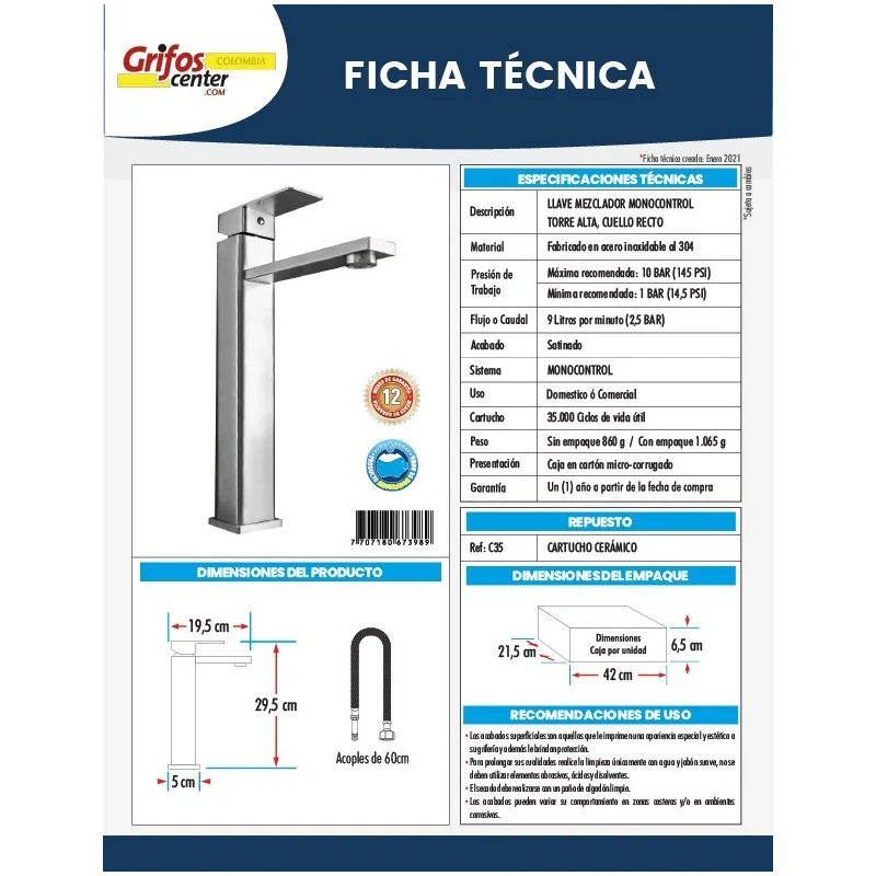 Griferia Monocontrol Cuadrado Poste Alto Cuello Largo - Image 5