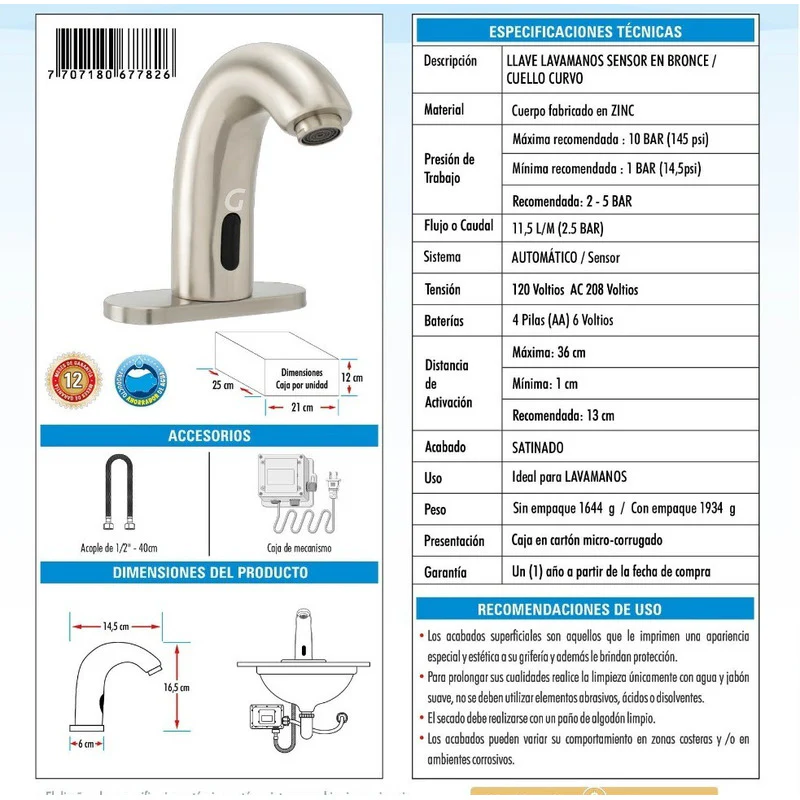Llave Lavamanos Con Sensor Automatico Satinada - Image 3