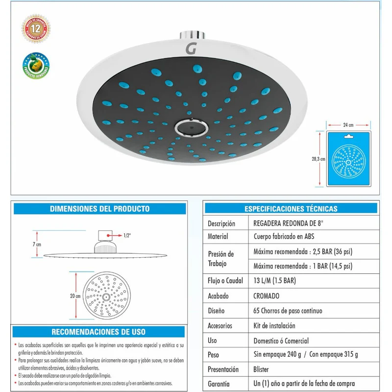 Regadera Redonda En Abs Cromada De 8 Pulgadas - Image 2