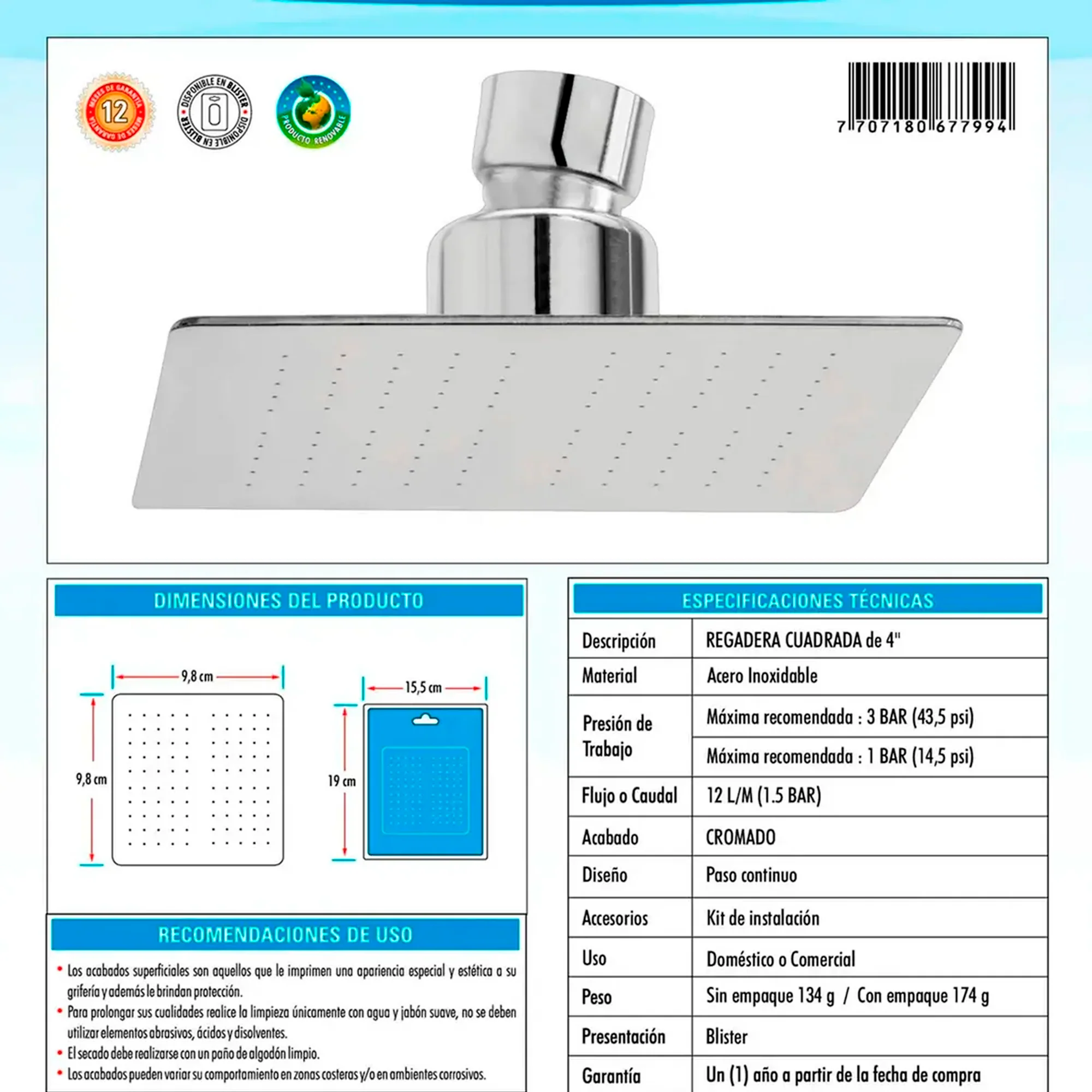 Regadera Ducha Cuadrada 4 PuLG 10cm Plateada - Image 3
