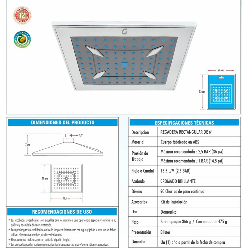 Regadera Rectangular En Abs Cromada De 6 Pulgadas - Image 2