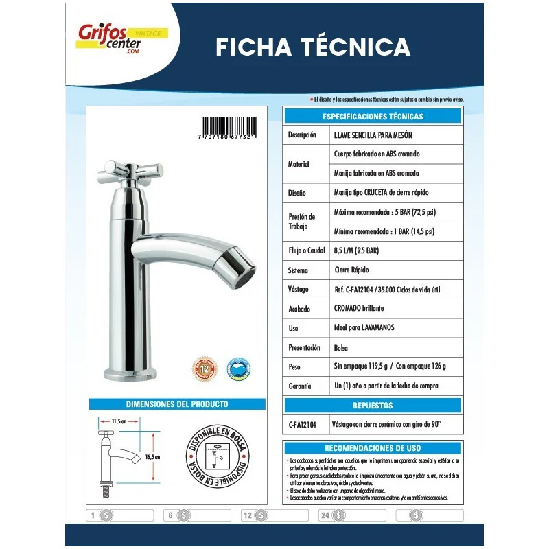 Llave Lavaplatos En Abs Cromada, Manija Tipo Cruceta - Image 2