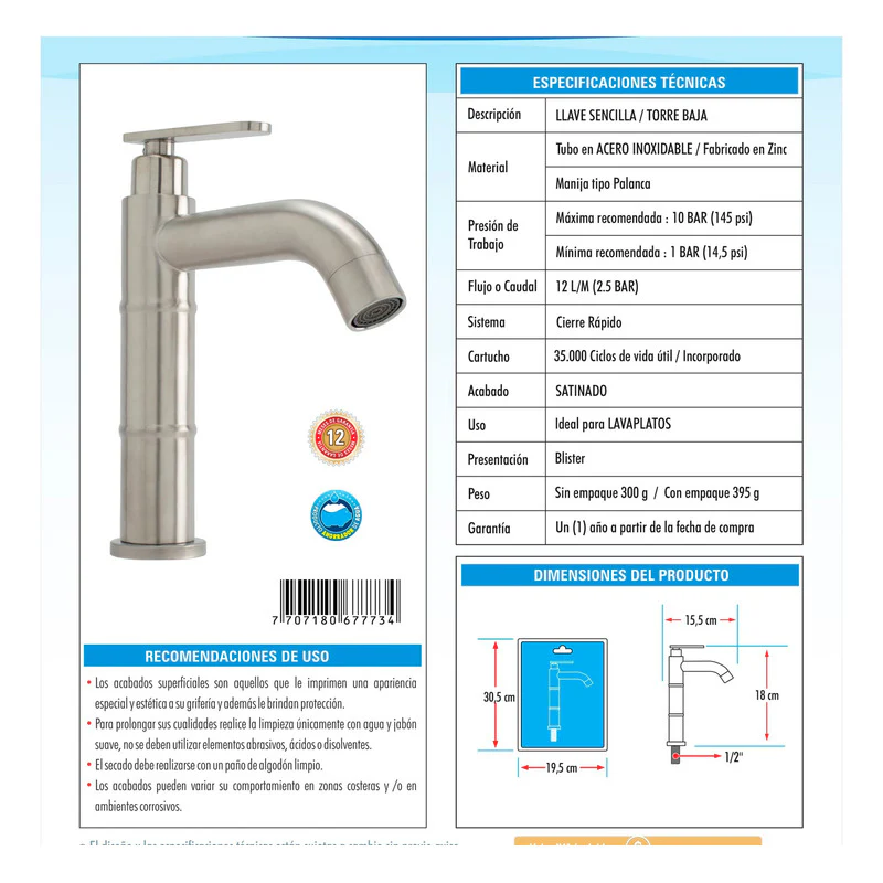 Grifería Lavamanos Agua Fría Baja Vasta - Image 3