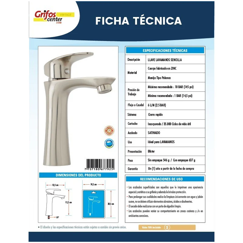 Llave Lavamanos Satinada Manija Tipo Palanca - Image 2