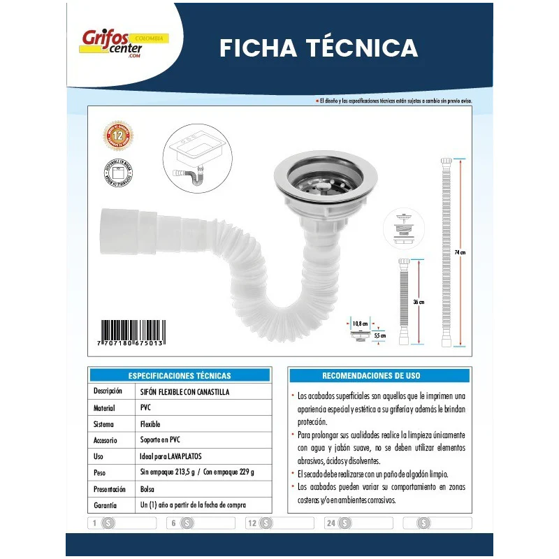 Sifón Flexible Con Canastilla Para Lavaplatos - Image 2
