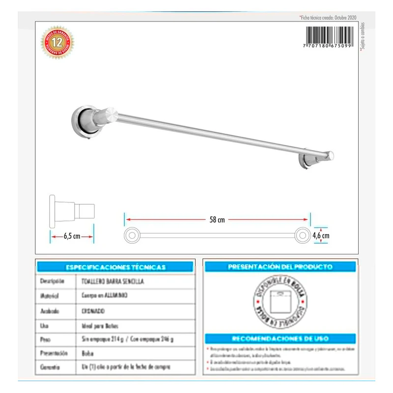 Toallero Barra Para Baño Sencillo En Aluminio - Image 3