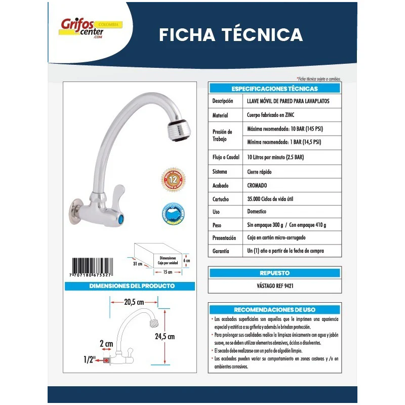 Grifería De Pared Para Lavaplatos Manija Tipo Palanca - Image 2