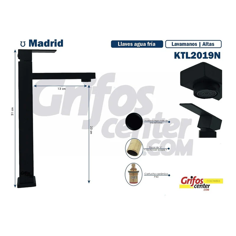 Grifería Lavamanos Agua Fría Alta Madrid Negro - Image 3