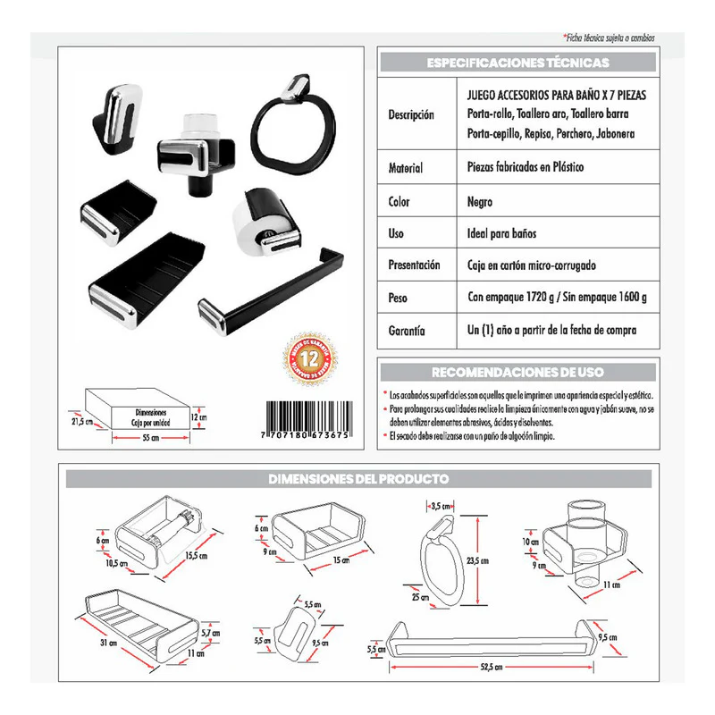 Juego De Accesorios Para Baño Abs Color Negro X7 Piezas - Image 2