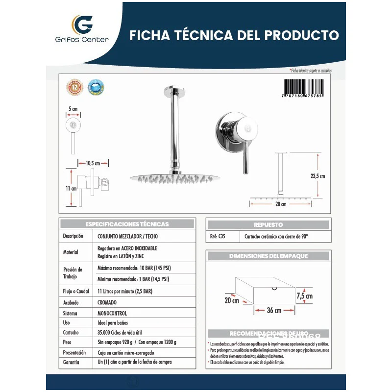 Set Mezclador Ducha Techo + Regadera De 8 + Tubo De 20cm - Image 2