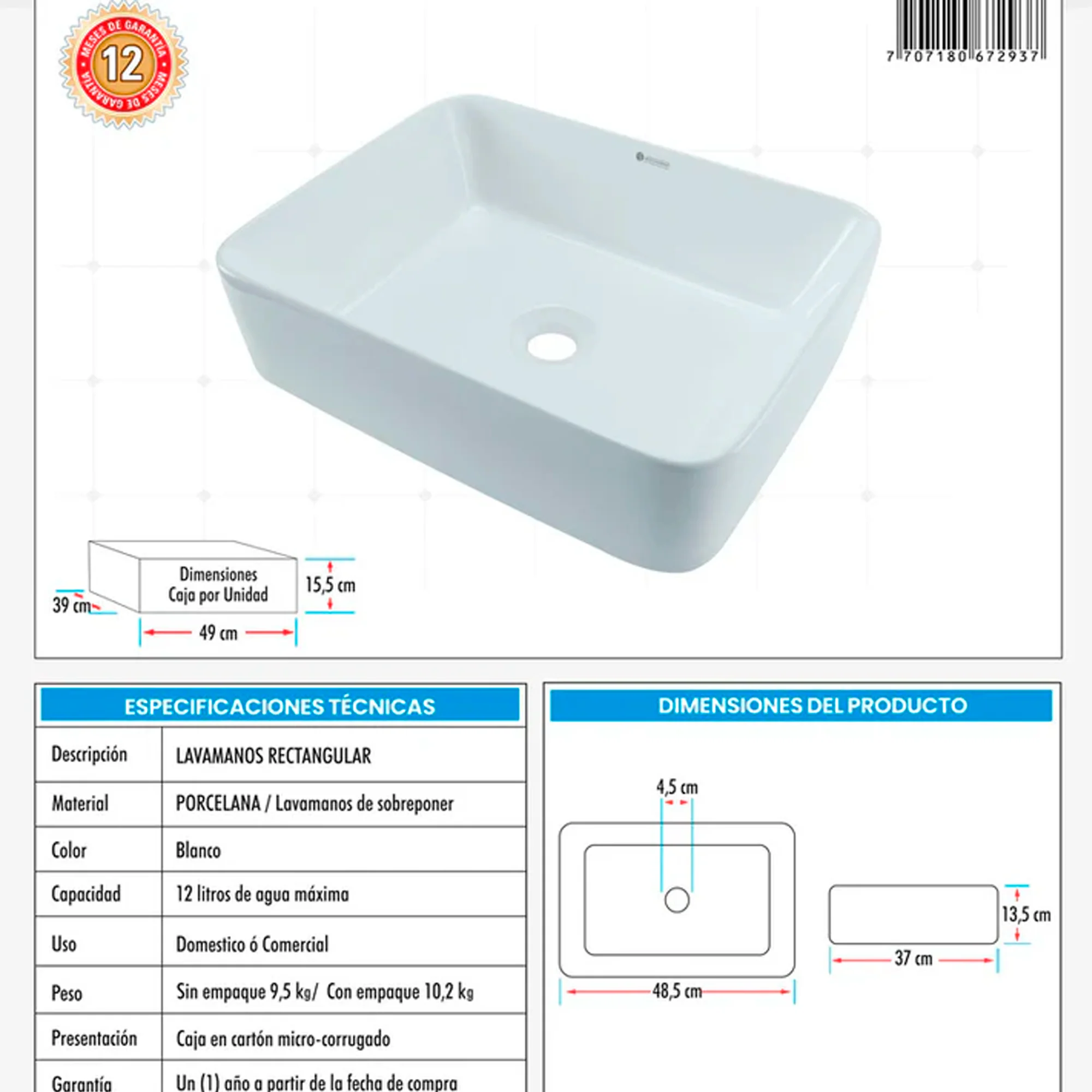 Lavamanos Rectangular De Sobreponer Blanco Porcelana - Image 3