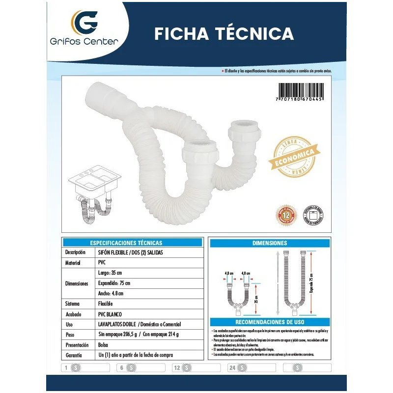 Sifon Flexible Doble Lavaplatos/lavamanos Blanco - Image 2