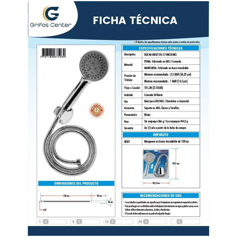 Teleducha En Abs Cromada 5 Funciones Con Manguera - Image 2