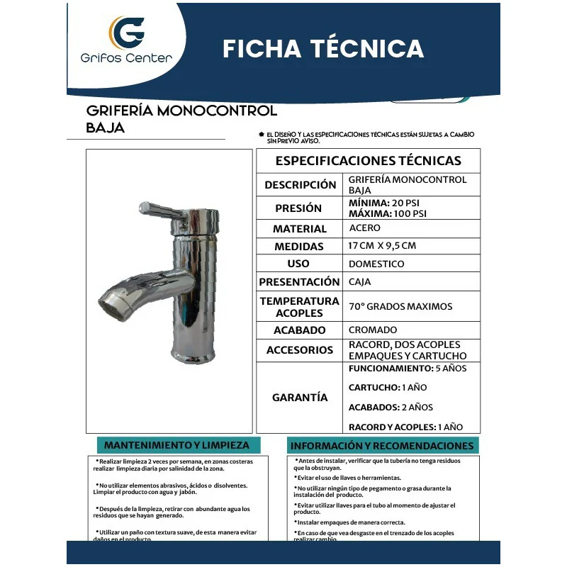 Grifería Monocontrol Lavamanos Baja - Image 3