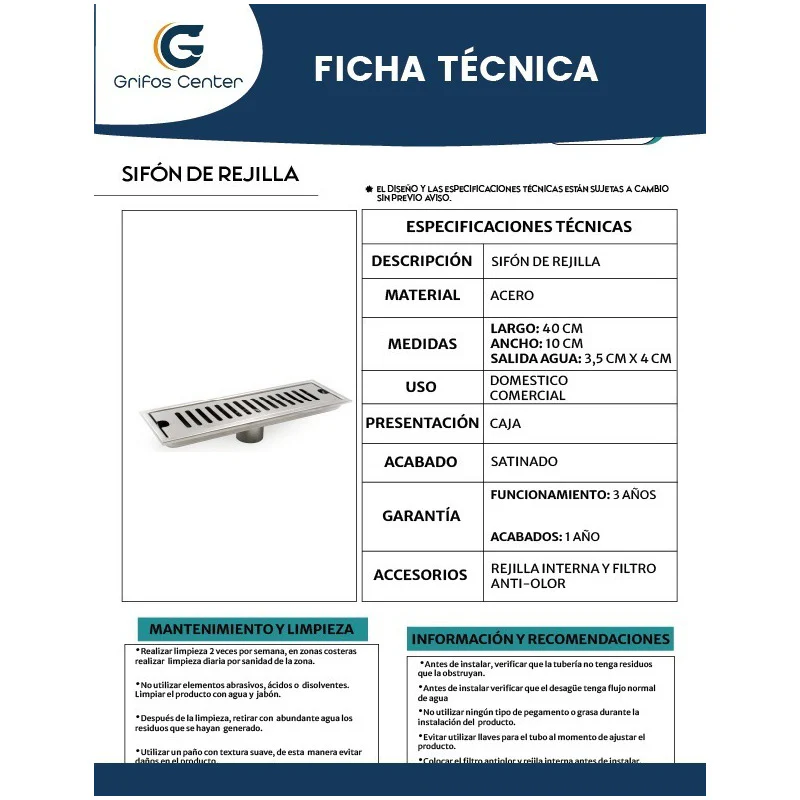 Rejilla Sifón Piso 40cm X 10cm Ranurada Acero 304 - Image 2