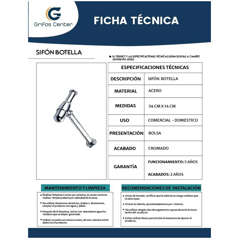 Sifón Para Desagüe De Lavamanos Tipo Botella Cromado - Image 2