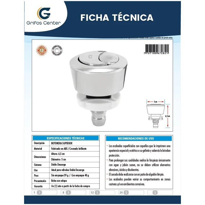 Botonera De Sanitario Válvula Doble Descarga Eco - Image 2