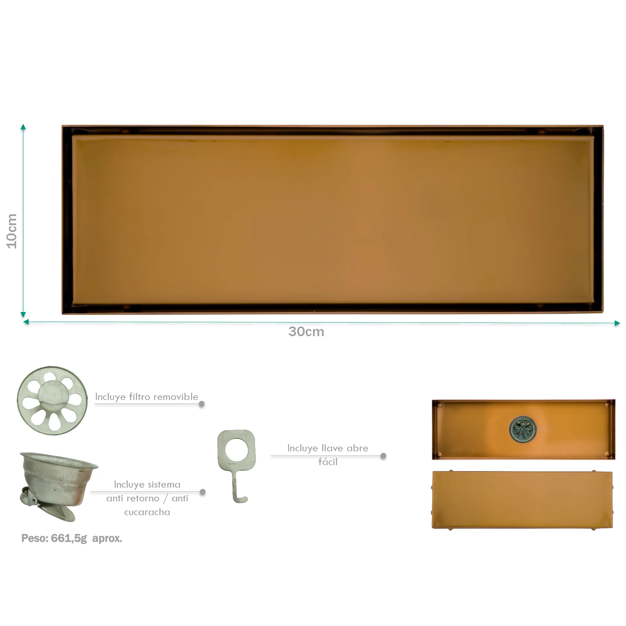 Rejilla de Piso Cuadrada 30*10cm Rose Gold Invisible - Image 2